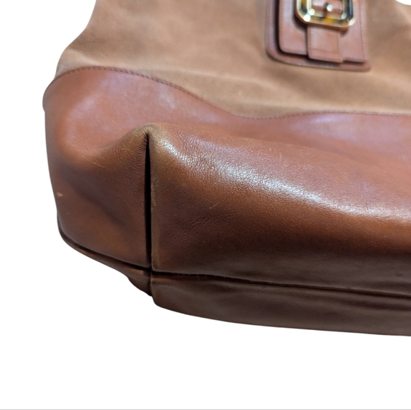 Talbots Camel Tan Leather Suede Hobo Bag Tortoiseshell Buckle Neutral - Picture 8 of 11